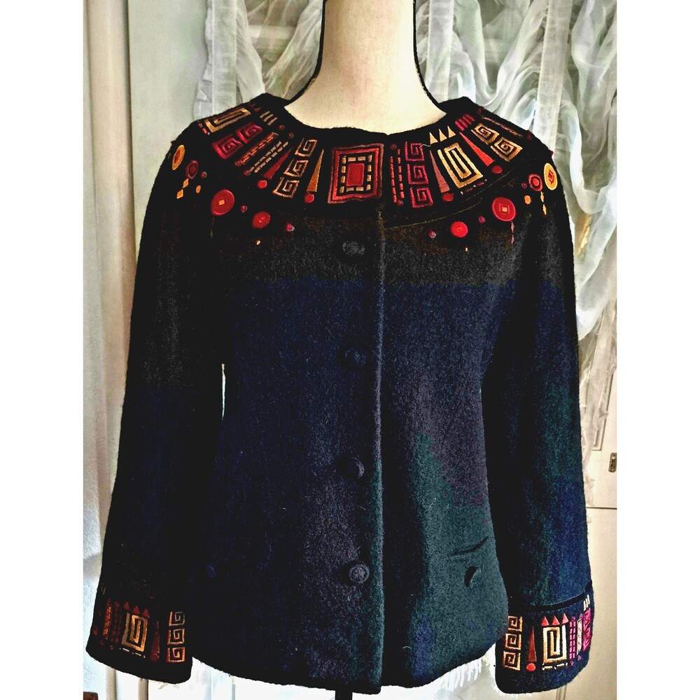 VTG Carson Women Sweater Wool Coat Colorful Boho Embroidered Size Medium Black